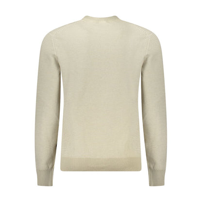 Hugo Boss Beige Cotton Men Sweater with crew neck and ribbed cuffs, back view showcasing texture of cotton and kapok blend fabric.