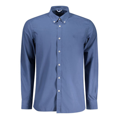 North Sails Blue Cotton Men Shirt with long sleeves and button-down collar, showcasing nautical elegance and signature embroidery logo.