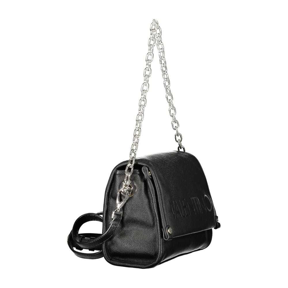 Alt Tag: Mario Valentino Black Polyethylene Handbag with chain shoulder strap, adjustable removable straps, internal pockets, recycled material.