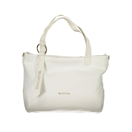Alt Tag: Mario Valentino White Polyethylene Handbag with dual shoulder handles and logo, featuring an adjustable strap and zip closure.