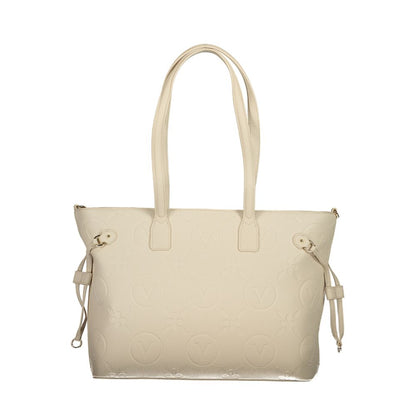 Mario Valentino Beige Polyethylene Handbag with dual handles, adjustable straps, internal pockets, and zip closure, featuring logo and recycled materials.