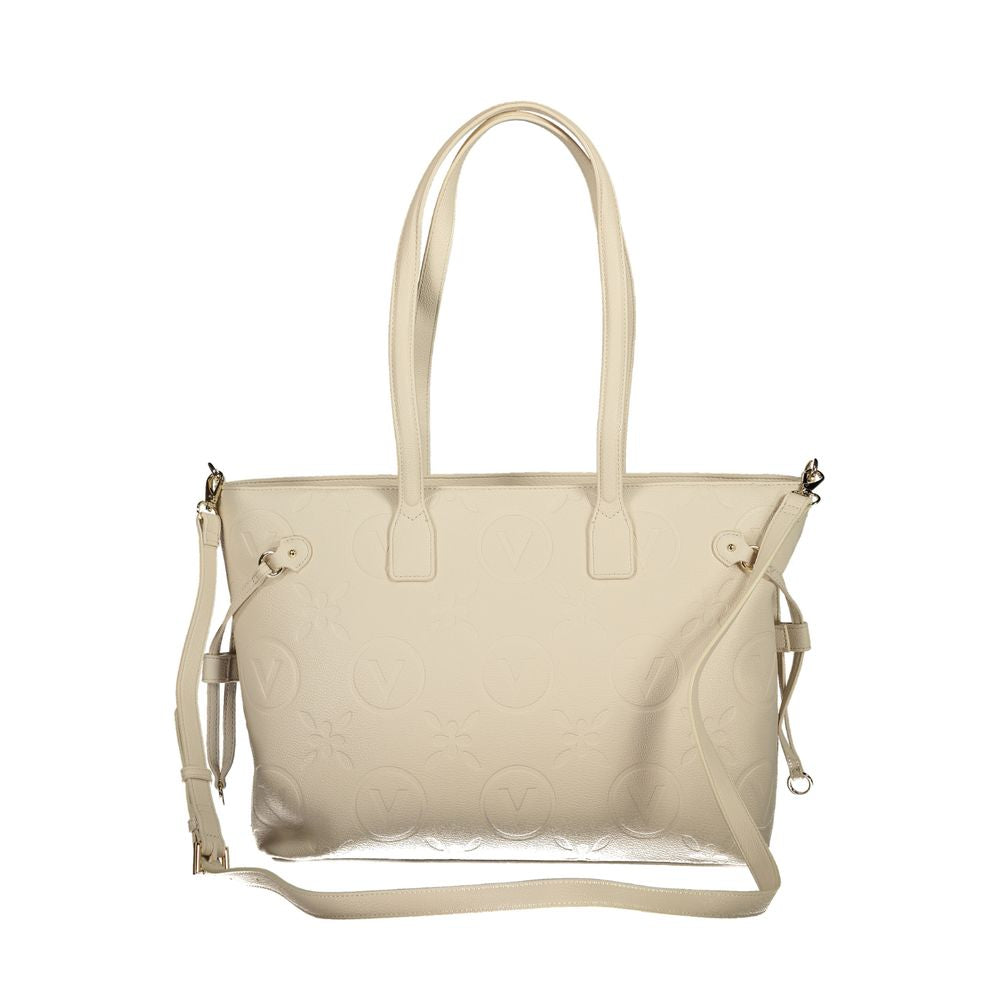Mario Valentino Beige Polyethylene Handbag with double shoulder handles, adjustable straps, zip closure, and logo detail.