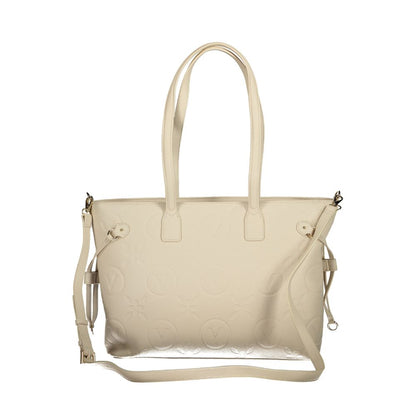 Mario Valentino Beige Polyethylene Handbag with double shoulder handles, adjustable straps, zip closure, and logo detail.