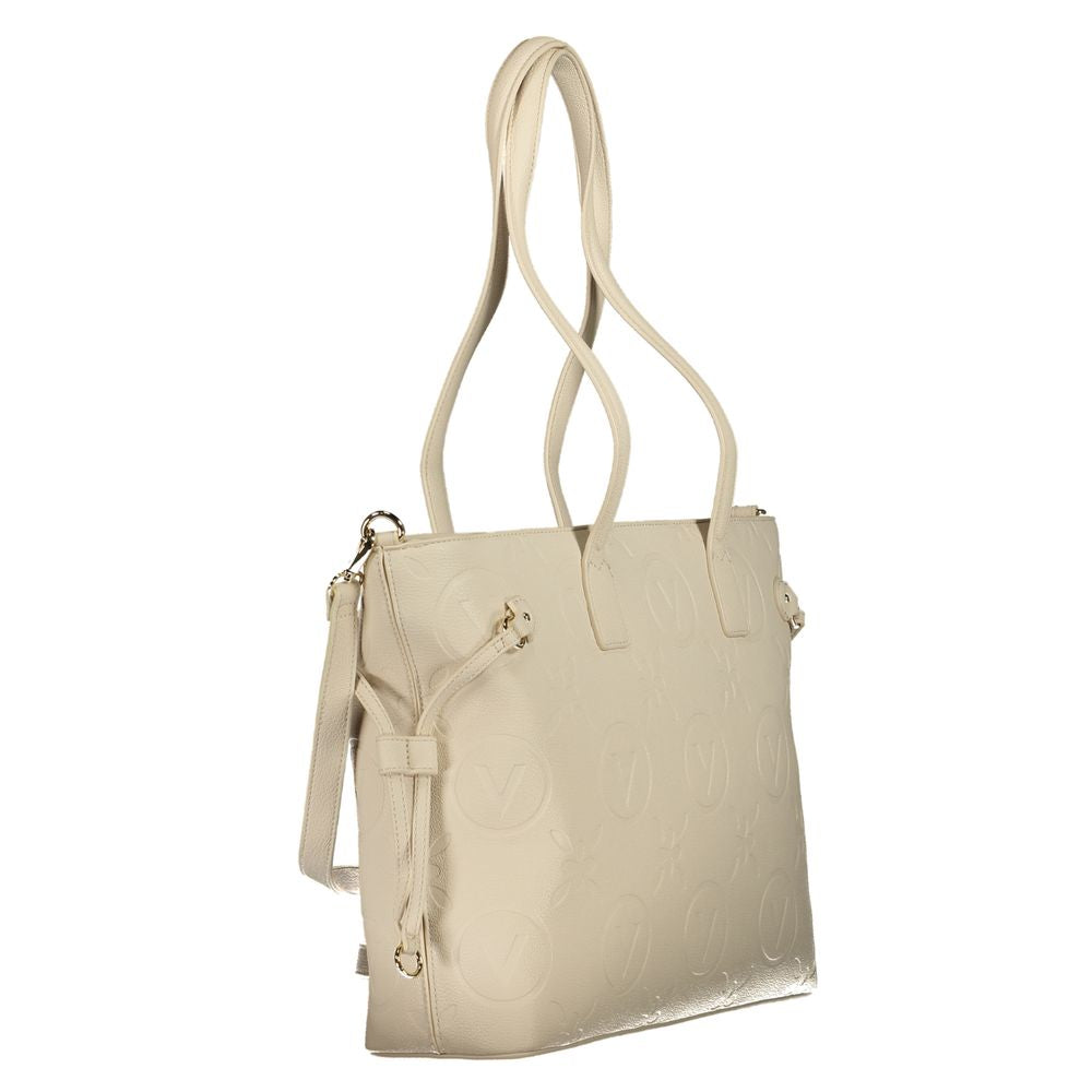 Mario Valentino Beige Polyethylene Handbag with dual handles, adjustable straps, internal pockets, and logo.