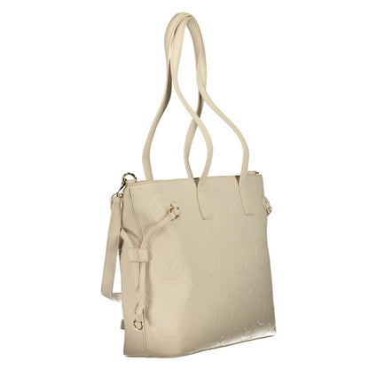Mario Valentino Beige Polyethylene Handbag with dual handles, adjustable straps, internal pockets, and logo.