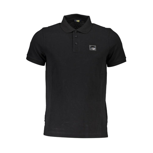 Cavalli Class Black Cotton Men Polo Shirt with bold print and logo, three-button placket, regular fit short sleeve for modern style.