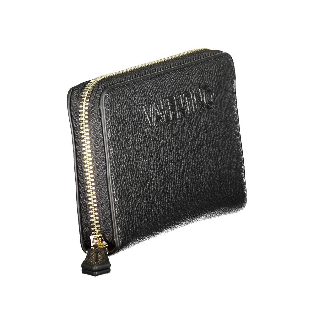 Mario Valentino Black Polyethylene Wallet with zip closure and logo, featuring 6 compartments, coin purse, and card spaces.