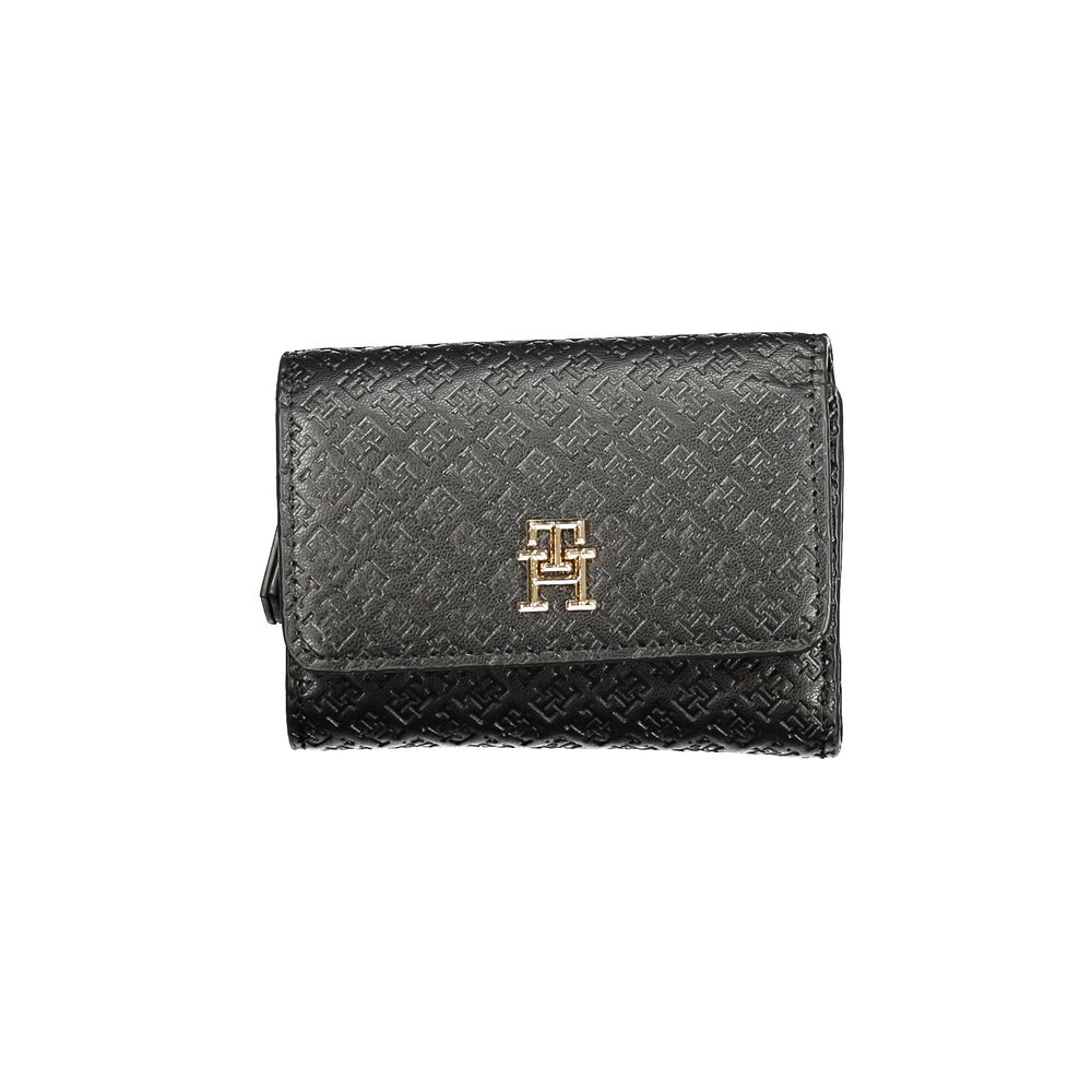 Tommy Hilfiger Black Polyethylene Women Wallet with logo, featuring dual card compartments and coin purse, zip and snap closure.