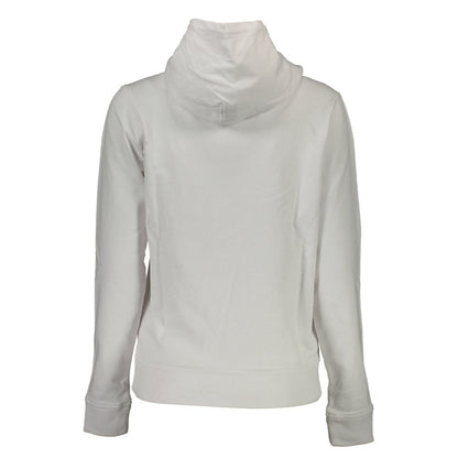 Back view of Tommy Hilfiger White Cotton Women Sweater, showcasing its comfortable fit and chic style in a casual luxury look.