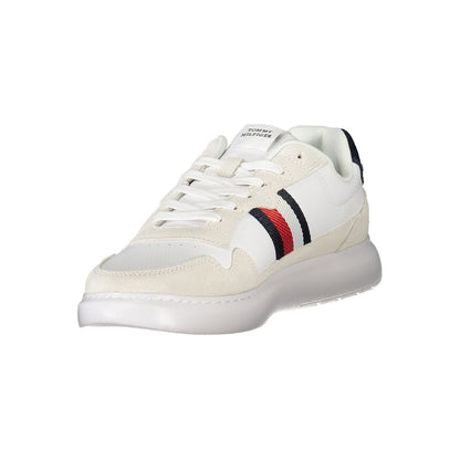 Tommy Hilfiger White Leather Men Sneaker with contrasting stripes and removable footbed for style and comfort.