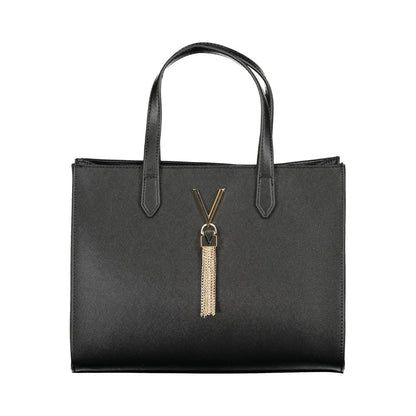 Mario Valentino Black Polyethylene Handbag with two handles, adjustable removable strap, zipper closure, and logo detail.