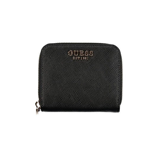 Guess Jeans Black Polyethylene Wallet featuring zip closure, card spaces, logo, and coin purse functionality.