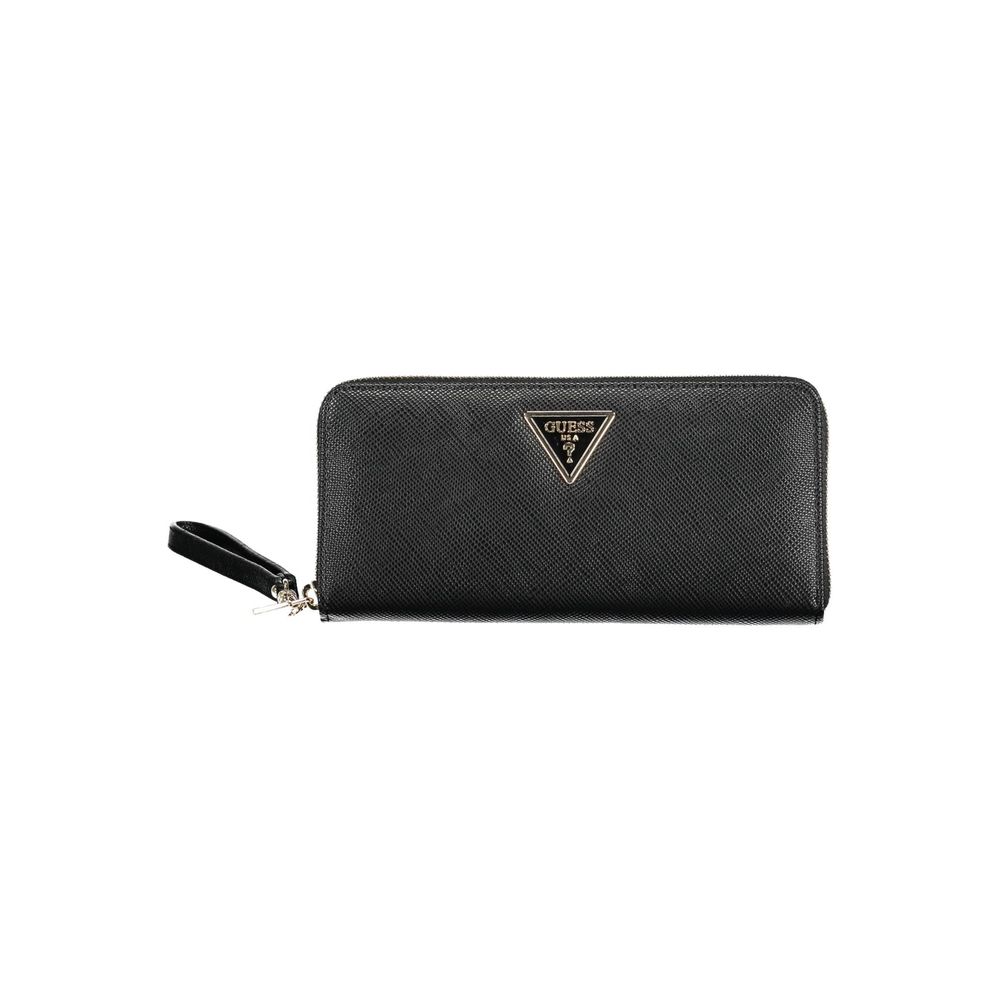 Guess Jeans Black Polyethylene Women Wallet with multiple compartments and zip closure, enhancing style and functionality.