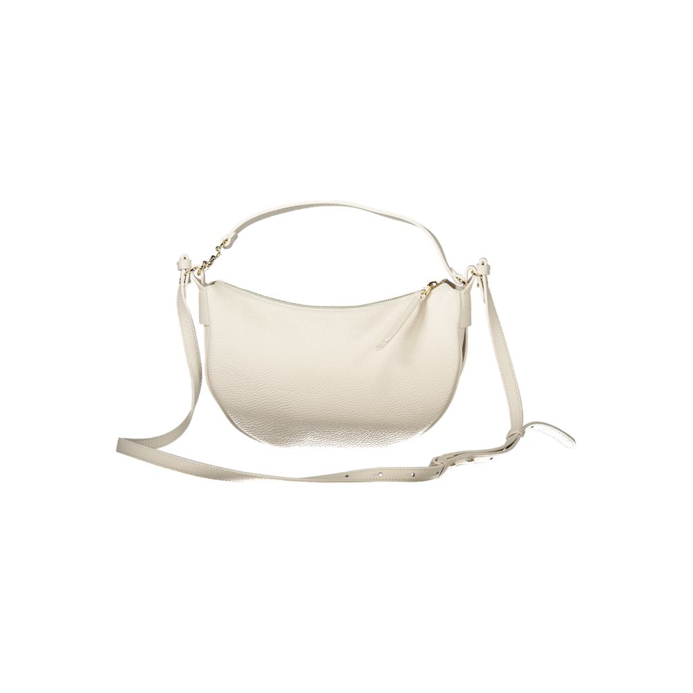 Coccinelle White Leather Handbag with adjustable strap, internal pocket, and zip closure, perfect for stylish everyday use.