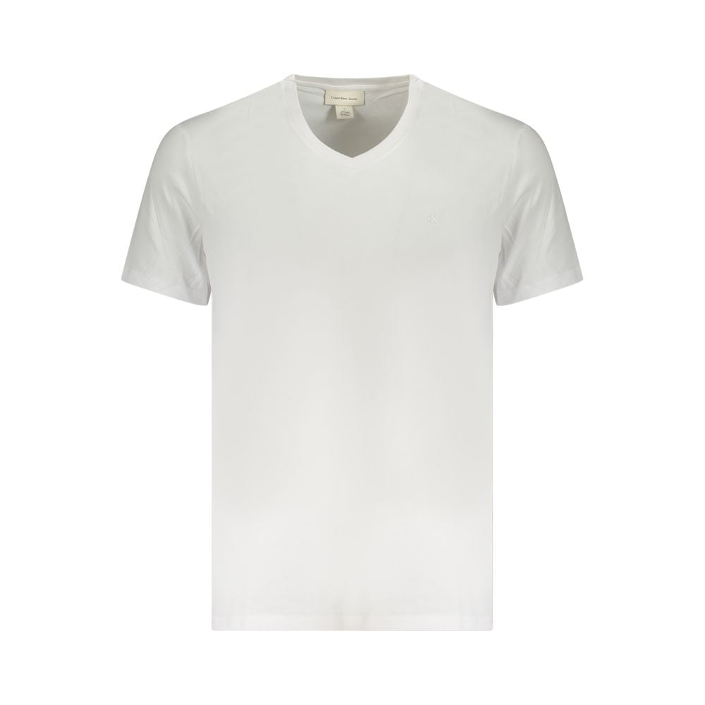 Calvin Klein White Cotton Men T-Shirt with v-neck design and logo embroidery, crafted from breathable fabric for comfort and style.