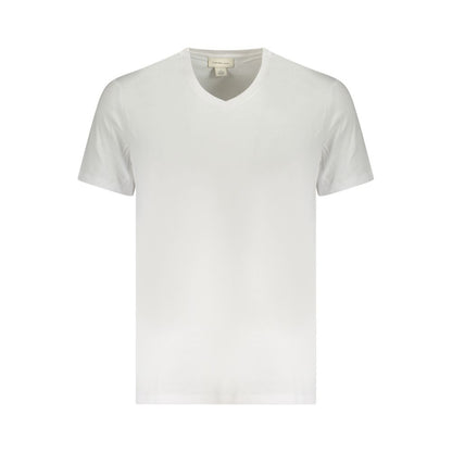 Calvin Klein White Cotton Men T-Shirt with v-neck design and logo embroidery, crafted from breathable fabric for comfort and style.