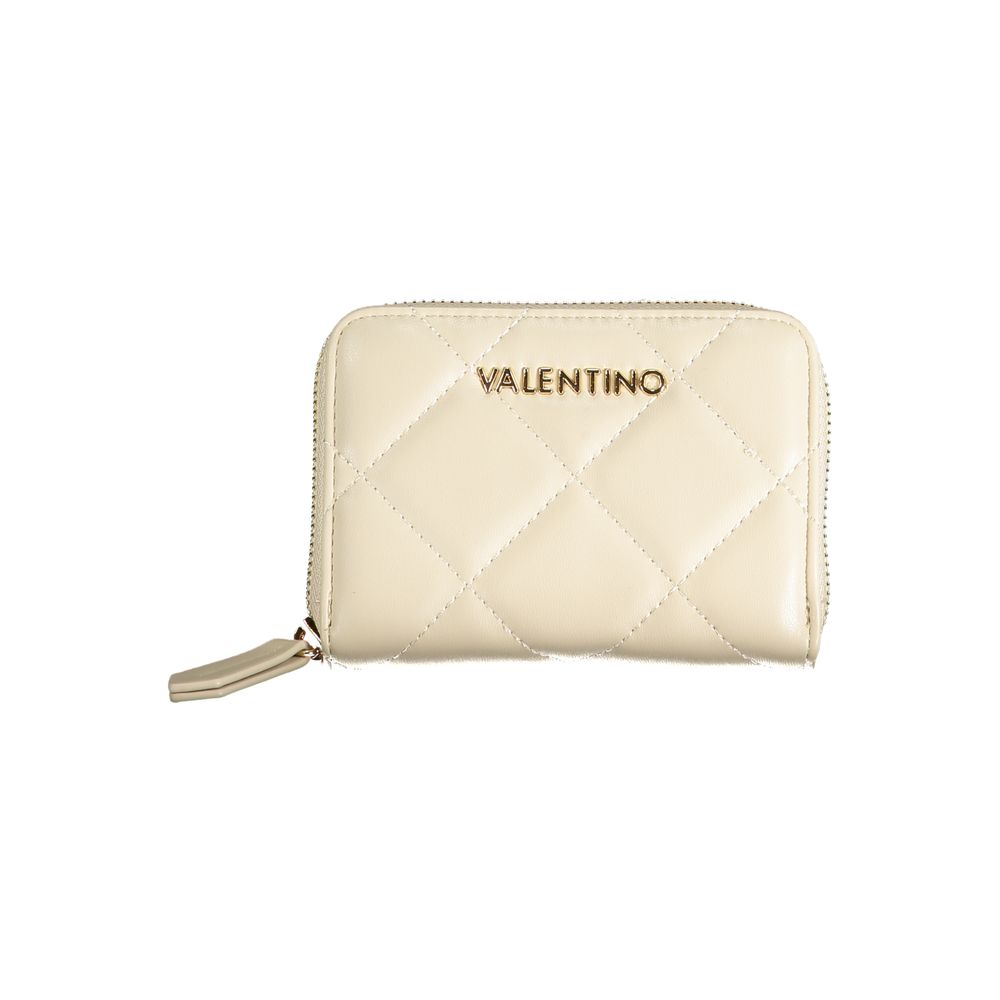 Mario Valentino Beige Polyethylene Wallet with zip closure, six compartments, card spaces, coin purse, and logo details.