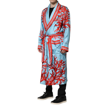 Dolce & Gabbana Blue Red Coral Print Wrap Robe Coat Jacket