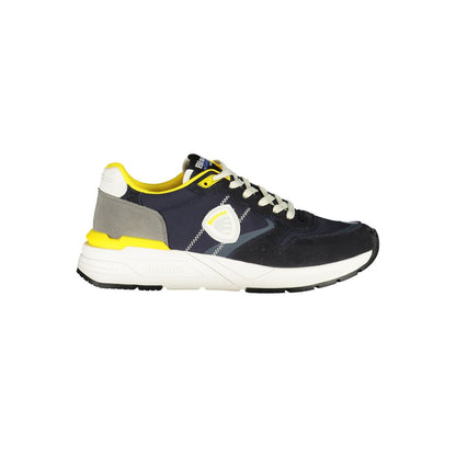 Blauer Blue Polyester Men Sneaker with yellow accents and logo on side view, showcasing a blend of style and athleticism.