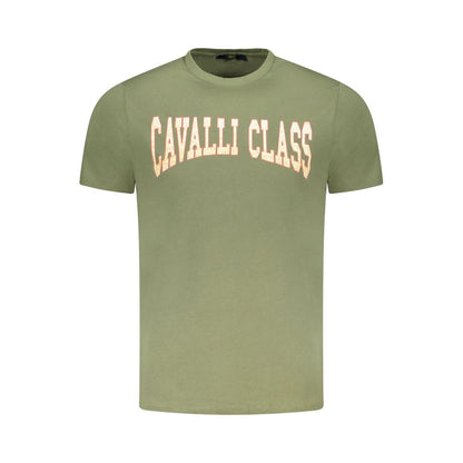 Cavalli Class Green Cotton Men T-Shirt with iconic logo and eye-catching print, perfect blend of luxury and casual style.