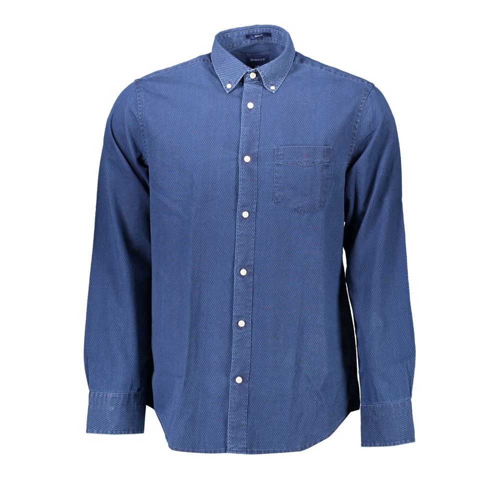 Gant Blue Cotton Men Shirt with long sleeves and button-down collar, featuring a chest pocket and signature logo, elegant and stylish design.