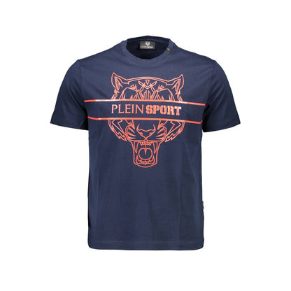 Plein Sport Blue Cotton Men T-Shirt with bold logo and contrasting details for stylish athletic look.