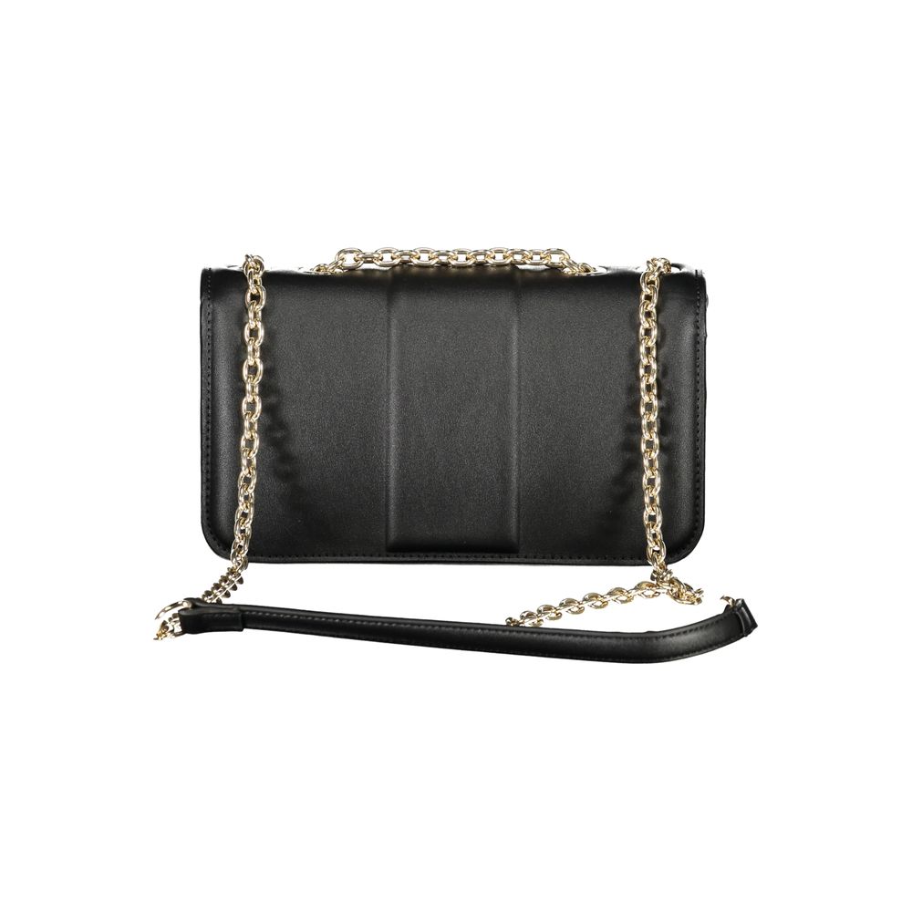 Mario Valentino Black Polyethylene Women Handbag with chain shoulder strap and snap closure, perfect for a stylish and elegant look.