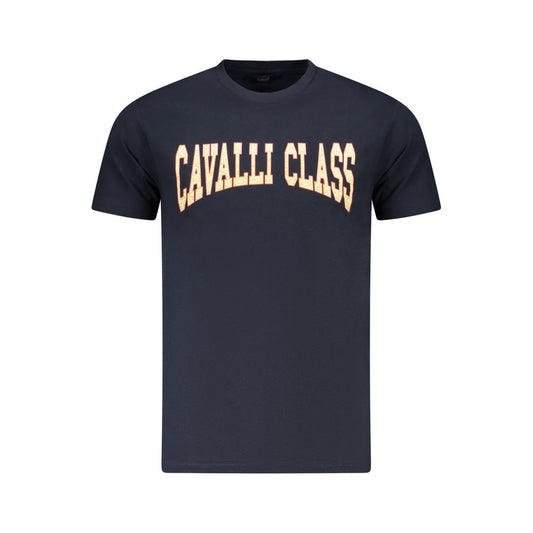 Cavalli Class Blue Cotton Men T-Shirt with signature print, short sleeves, and classic crew neck in luxury designer wear.