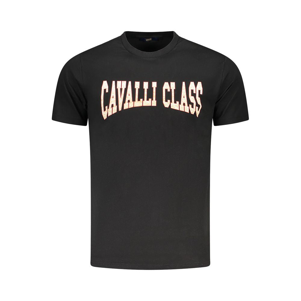 Cavalli Class Black Cotton Men T-Shirt featuring bold print and iconic logo on front, crafted from premium breathable cotton.