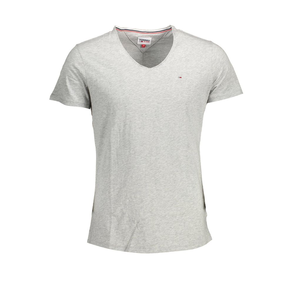 Tommy Hilfiger Brown Cotton Men T-Shirt with V-neck and embroidered logo, made from pure organic cotton for comfort and style.