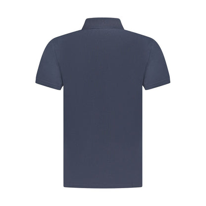 Rear view of Timberland Blue Cotton Men Polo Shirt showcasing short sleeves and sleek design.