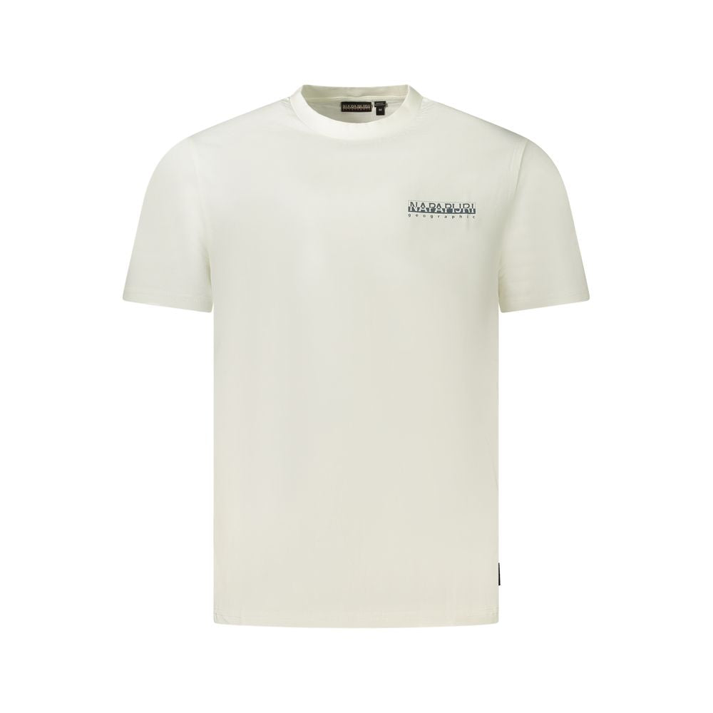 Napapijri White Cotton Men T-Shirt with short sleeves, crew neck, and logo, crafted from 100% organic cotton for comfort and sustainability.