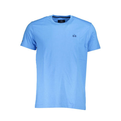 La Martina Blue Cotton Men T-Shirt with crew neck and logo embroidery, showcasing luxury and style in a sophisticated blue hue.