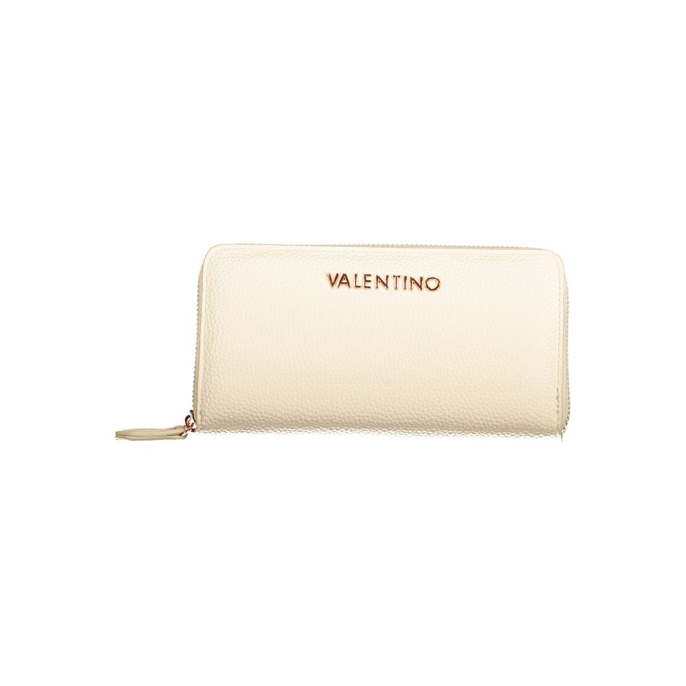 Mario Valentino Beige Polyethylene Wallet with 6 compartments, coin purse, double card spaces, zip closure, and logo.