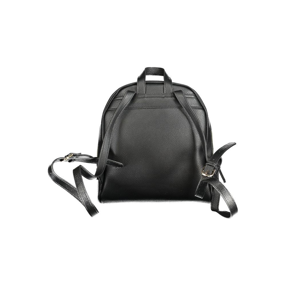 Mario Valentino Black Polyethylene Backpack with adjustable straps and external pocket, viewed from back, zip closure visible.