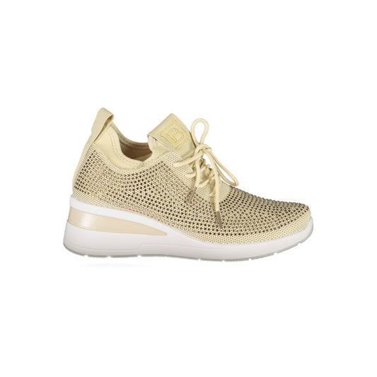 Laura Biagiotti Beige Polyester Women Sneaker with rhinestone embellishments and embroidery, featuring a 4 cm heel for stylish streetwear.