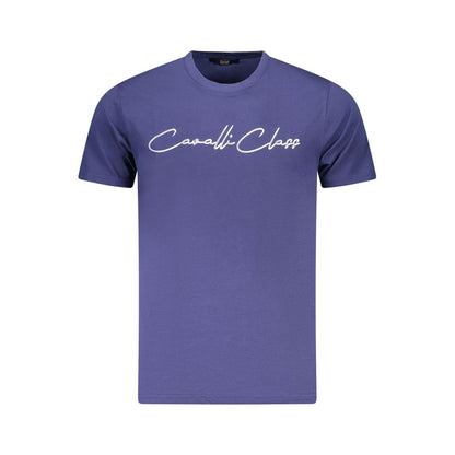 Cavalli Class Blue Cotton Men T-Shirt with bold logo print, short-sleeved statement piece for chic casual fashion.