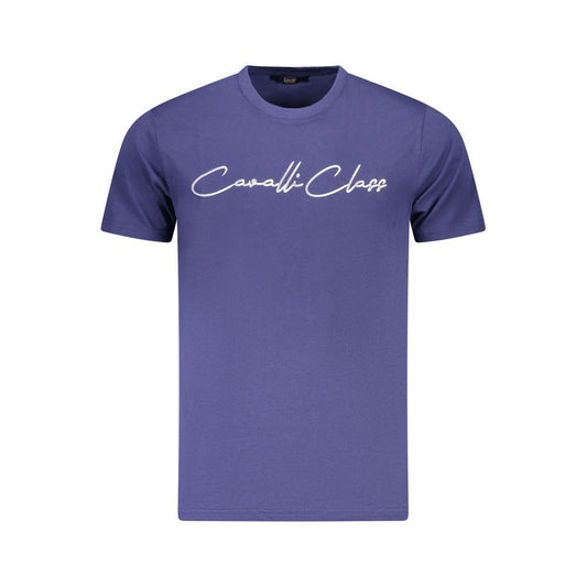 Cavalli Class Blue Cotton Men T-Shirt with bold logo, showcasing chic fashion and comfort. Short-sleeved designer wear for men.