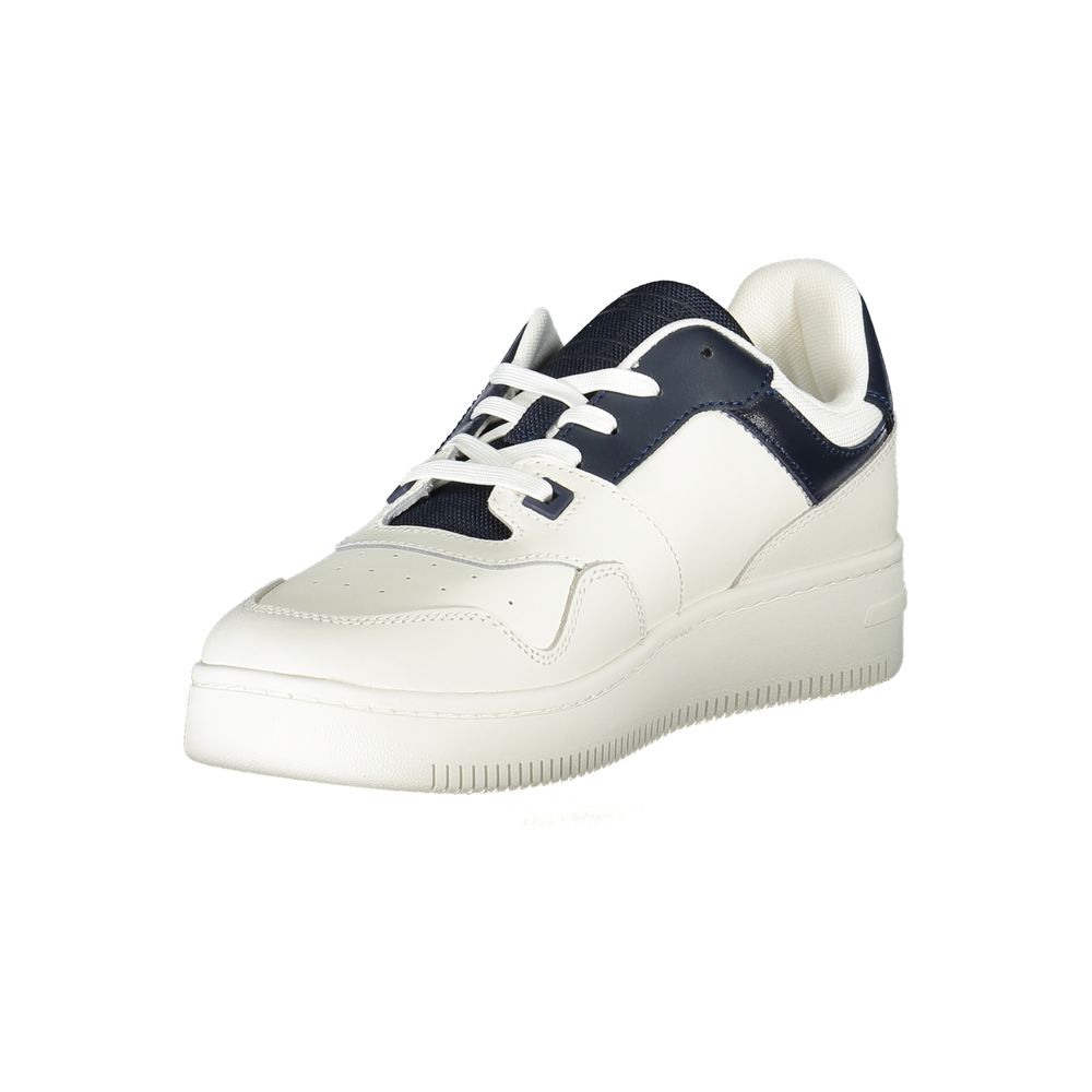 Tommy Hilfiger Blue Leather Men Sneaker with removable insole and contrasting details, showcasing the brand's iconic logo.