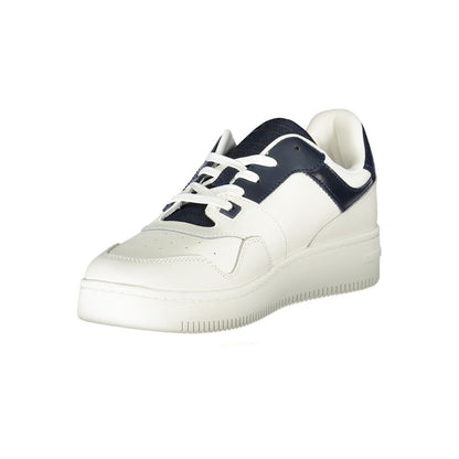 Tommy Hilfiger Blue Leather Men Sneaker with removable insole and contrasting details, showcasing the brand's iconic logo.