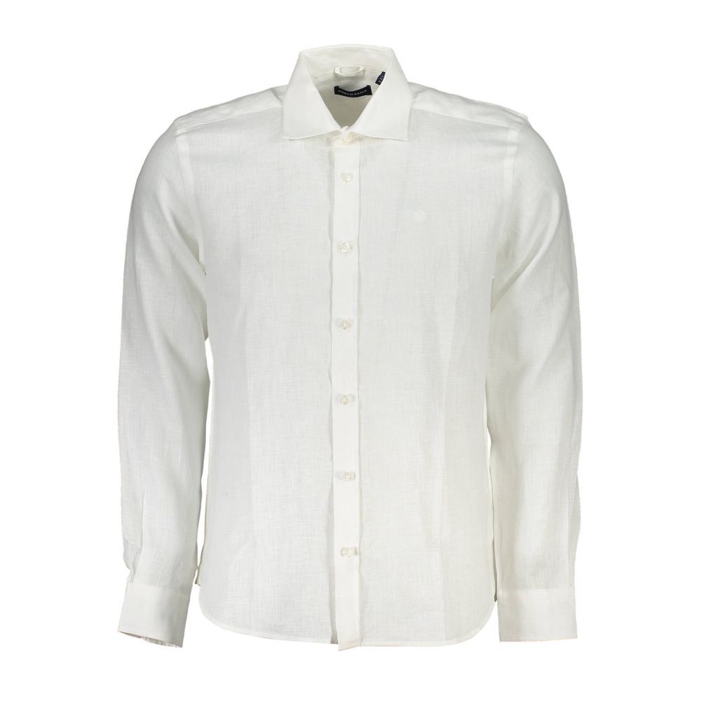 North Sails White Linen Men Shirt with Italian collar and 1-button cuffs.