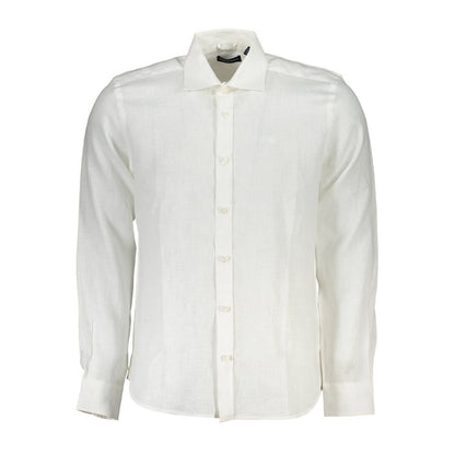 North Sails White Linen Men Shirt with Italian collar and 1-button cuffs.