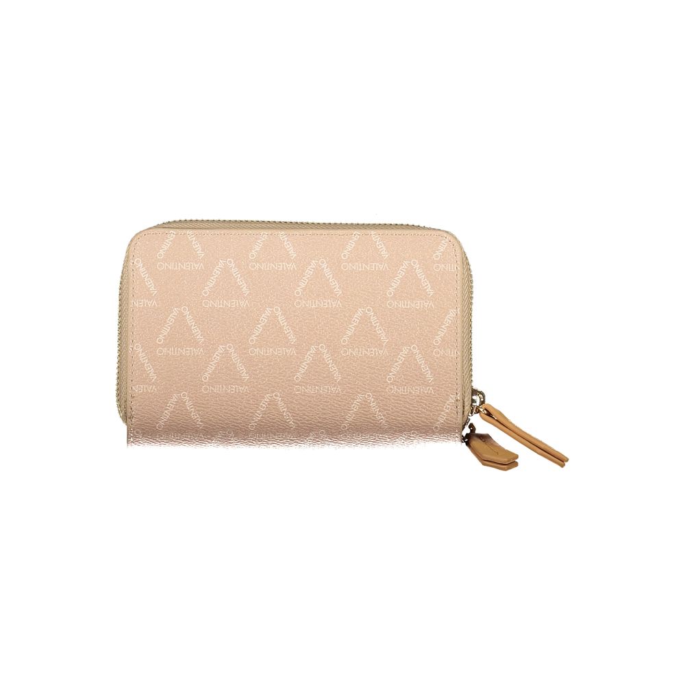 Mario Valentino Beige Polyethylene Women Wallet with logo pattern and zip closure, luxury fashion accessory for modern trendsetters.