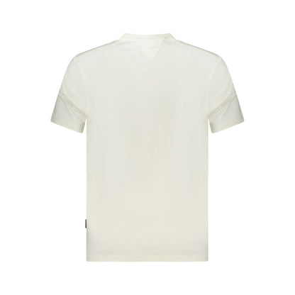 Back view of Napapijri White Cotton Men T-Shirt showcasing short sleeves and crisp white organic cotton fabric.