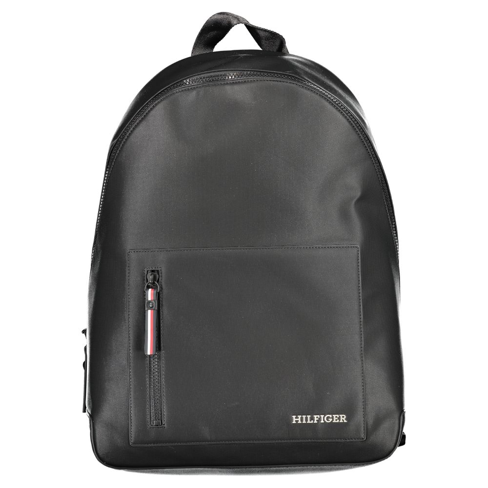 Tommy Hilfiger Black Polyester Backpack with adjustable straps, front pocket, laptop compartment, recycled material