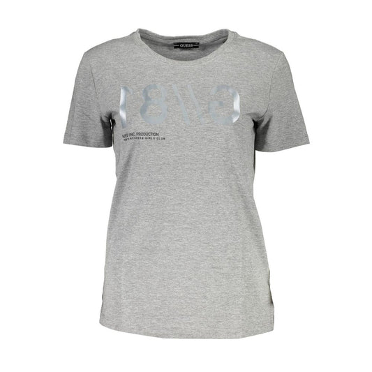 Guess Jeans Gray Cotton Women T-Shirt with logo and print, short sleeves, and wide neck for stylish casual wear.