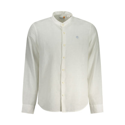 Timberland White Cotton Shirt, slim fit long sleeve with mandarin collar and embroidery logo, features buttons.