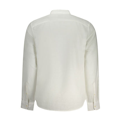 Timberland White Cotton Shirt back view, long sleeve, slim fit, mandarin collar with embroidery and logo detailing.