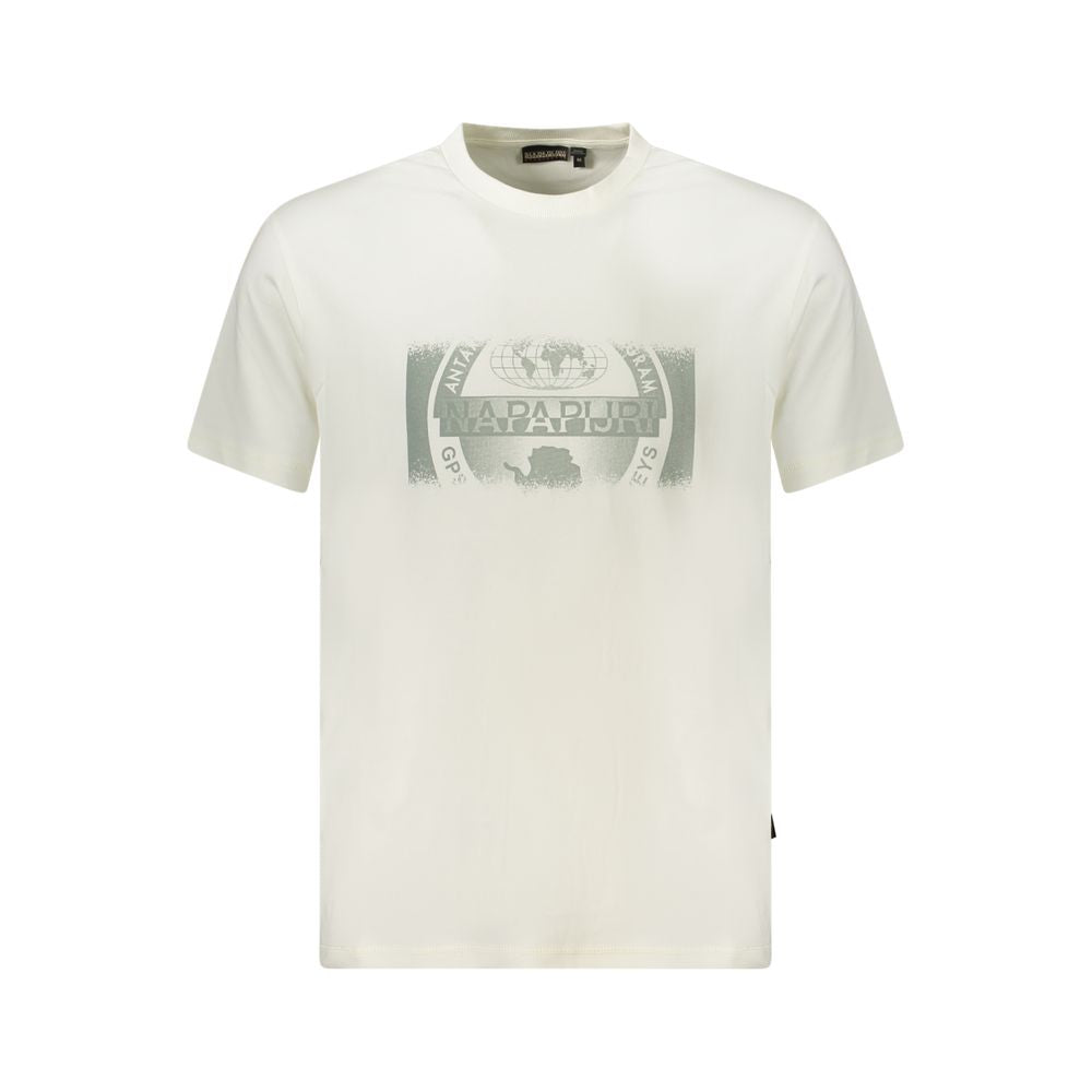 Napapijri White Cotton Men T-Shirt with crew neck and bold print on front, showcasing eco-conscious fashion style.