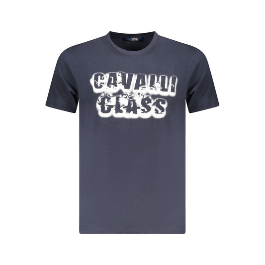 Cavalli Class Blue Cotton Men T-Shirt with bold print and iconic logo, showcasing luxury fashion.
